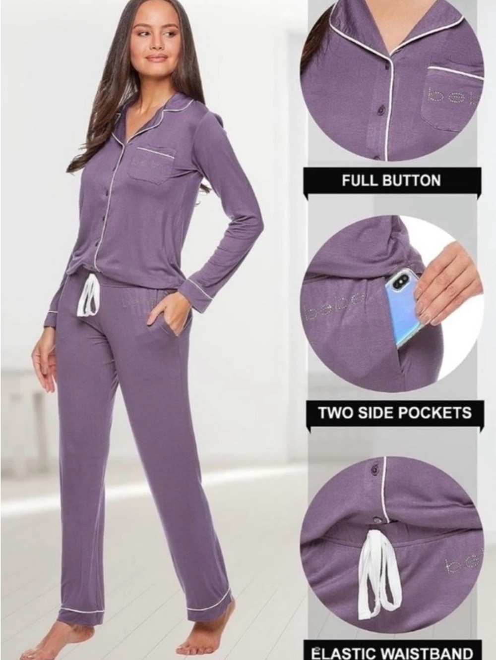 bebe Lavender-Purple Long Sleeve Pajama Set with White Piping - Picture 5 of 7